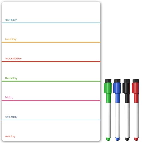 TMS magnetischer Wochenplaner, Kühlschrankmagnet, Whiteboard - Kalender oder trocken abwischbarer Essensplaner für Küche, Büro, Notizblock oder Familientabelle (mehrfarbig, A5 + 4 Stifte). von The Magnet Shop