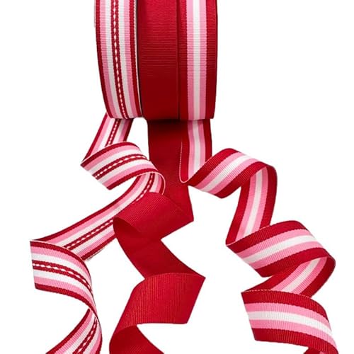 USA Ripsband #1, 2,2 cm, gestreift, 22 m, 3 Rollen (rosa, rot und weiß) von The Ribbon Factory