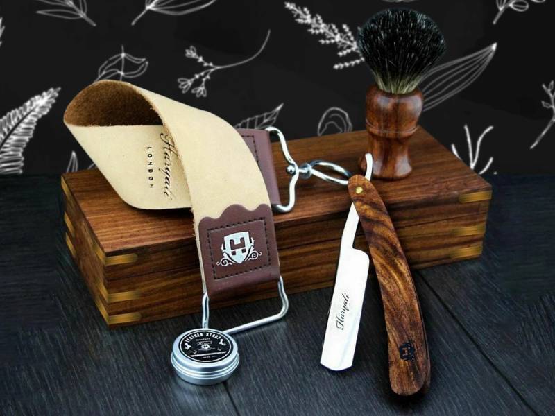 Premium 5-Teiliges Rasierset Aus Holz Für Männer Schwarzer Dachs Rasierpinsel Rasiermesser Holzkiste Lederriemen & Streichriemen Handgefertigt von TheBodyTools