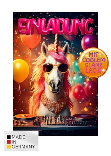 TheMunique® Einhorn glänzende Einladungen Kindergeburtstag Mädchen und Jungen – 12 Stück – Lustige Party Tiere Geburtstag Einladungen mit besonderem Glanzlack – Einladungskarten Kids & Teenies von TheMunique