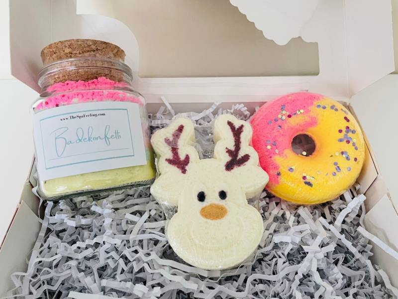 Badeset Mädchen, Mädchen Geschenk, Badekugeln Geschenk Kind, Kinder, Elch, Badedonut, Badekonfetti von TheSpaFeeling