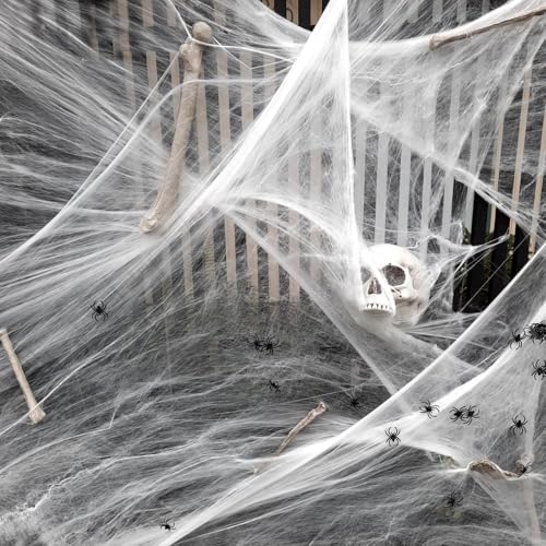 TheStriven Weiss Spinnweben Dekoration Halloween Deko Spinnennetz 300g Halloween Dekorative Spinne Baumwolle Spinnennetz Deko Dekoration mit Gefälschten Spinnen für Halloween-Partydekorationen von TheStriven