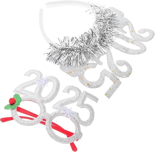 Theaque 2025 Neujahr Stirnband, 2025 Nummer Brillen Silvester Haarband Haarreifen Kopfschmuck Haarschmuck Urlaub Party Supplies Gastgeschenke Silber von Theaque