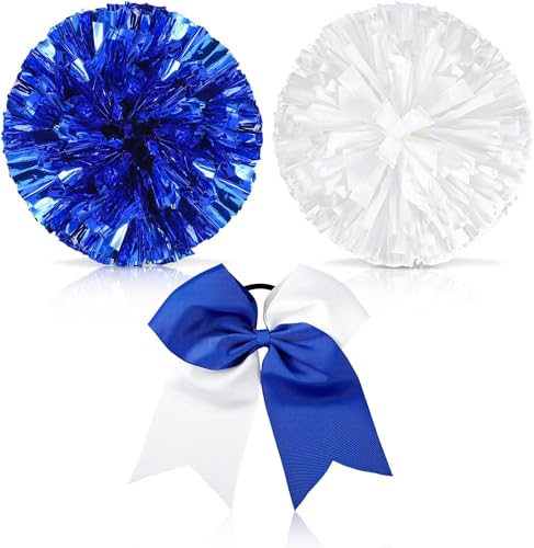 Theaque Cheerleader-Pompons und große Cheerleader-Haarschleife für Mädchen, 30,5 cm, groß, metallisch, Cheerleader-Pompoms für Sport-Team, Geist (Blau und Weiß) von Theaque