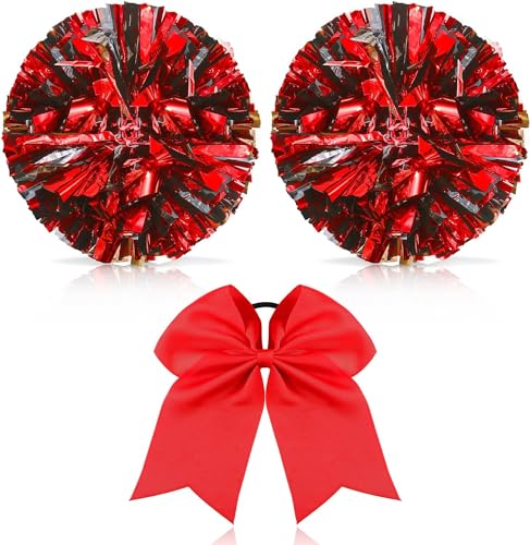 Theaque Cheerleader-Pompons und große Cheerleader-Haarschleife für Mädchen, metallische Cheerleader-Pompons für Teenager-Tanz (Rot und Schwarz) von Theaque