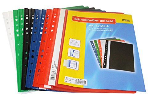 Idena 307862 - Schnellhefter A4 gelocht, aus Kunststoff, 20 Stück, 5 Farben, 4 x blau/grün/rot/weiß/schwarz von Idena