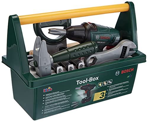 Theo Klein 8429 Bosch Werkzeug-Box | Mit Säge, Hammer, Zange und vielem mehr | Batteriebetriebener Akkuschrauber | Maße: 31 cm x 16,5 cm x 22,5 cm | Spielzeug für Kinder ab 3 Jahren von Theo Klein