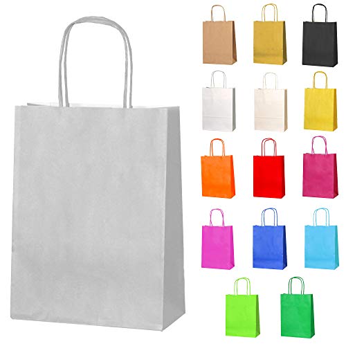 Thepaperbagstore 20 Papiertüten für Partys und Geschenke mit Griffen - Silber/Hellgrau - 180x220x80mm von Thepaperbagstore