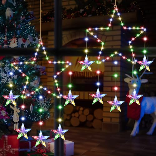 Therlan LED Fensterdeko Weihnachten Beleuchtet, 2 Stück 62 LED Stern Fensterbilder Weihnachtsbeleuchtung, 8 Lichtmodi USB Betrieben Weihnachtsstern Weihnachtsdeko Fenster Beleuchtet Bunt von Therlan