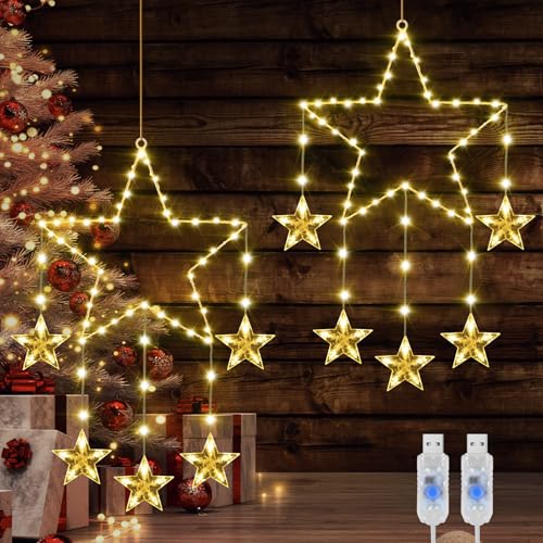 Therlan LED Fensterdeko Weihnachten Beleuchtet, 2 Stück 62 LED Weihnachtsbeleuchtung Fenster Stern 8 Lichtmodi USB-stecker Angetrieben Weihnachtsstern Weihnachtsdeko Fenster Beleuchtet Warmweißen von Therlan