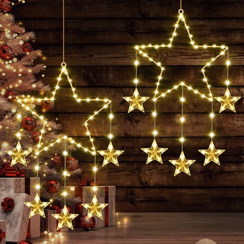 Therlan 2 Stück LED Fensterdeko Weihnachten, 62 LEDs Fensterbild , 8 Lichtmodi, USB , Weihnachtsstern Beleuchtung Weihnachtsdeko Fenster Beleuchtet Stern Warmweißen von Therlan