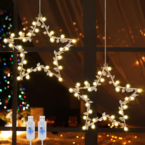 Therlan LED Fensterdeko Weihnachten Beleuchtet, 2 Stück LED Stern Weihnachtsdeko Beleuchtet Fenster mit Timer, 8 Lichtmodi USB-stecker Weihnachtsstern Weihnachtsbeleuchtung Mit Timer Warmweißen von Therlan