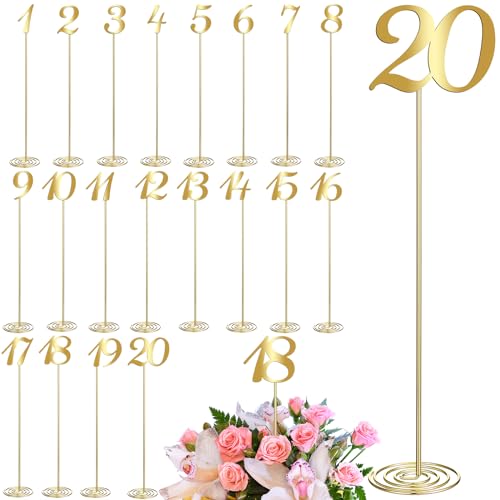 Therwen 20 Stück Metall-Tischnummern 1–20 Tischnummern für Hochzeitsempfang, 30,5 cm, Edelstahl, Party-Tischnummer mit stabilem Halter für Bankett, Hochzeit, Party, Event, Catering (Gold) von Therwen