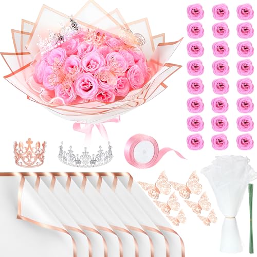 Thiccywoov Glitzer-Rosenstrauß, künstlicher Rosenstrauß, DIY, gefälschte Glitzer-Rosen mit Blumen-Geschenkpapier, 3D-Schmetterlingskronen für Jahrestag, Valentinstag, Geburtstag (Rosa) von Thiccywoov