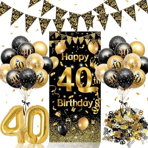 40 Geburtstag Deko,40. Geburtstag Männer Frauen Dekorationen Banner,Konfetti 40. Geburtstag Deko,40. Geburtstag Deko Lange Banner Hintergrund und Schwarz Gold,Geburtstagsdeko 40 Luftballons von Thinbal