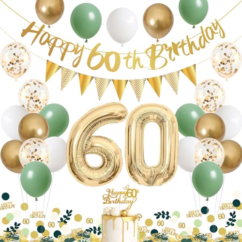 60. Geburtstag Deko Salbeigrüne, Thinbal Deko 60 Geburtstag Frau Mann mit Happy Birthday Banner,Zahl 60 Folienballon,Konfetti Deko Grün,Geburtstag Grün Weiß Gold Ballons für 60 Jahre Geburtstagsdeko von Thinbal