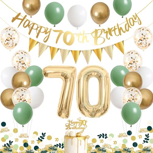 70. Geburtstag Deko Salbeigrüne, Deko 70 Geburtstag Frau Mann mit Happy Birthday Banner, Zahl 70 Folienballon, Konfetti Deko Grün, Geburtstag Grün Weiß Gold Ballons für 70 Geburtstag Party Dekoration von Thinbal