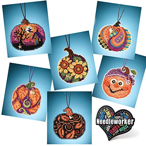 Kreuzstich-Set, Motiv: Charmed Pumpkins mit Perlen, 6 Stück – Mill Hill Ornament Kits 2020 – plus dekorativer "Needleworker"-Aufkleber von ThingamaJungle