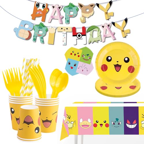 82Pcs Partygeschirr Kindergeburtstag Set, Tischdeko Geburtstag Party Set, Kindergeburtstag Deko Party Zubehör, Happy Birthday Banner Teller Tassen Tischdecke Servietten Geburtstagsdeko Kinder von Thingehoy