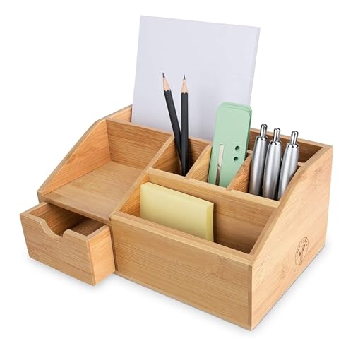 Thingles Bambuswerk Schreibtisch-Organisator aus Holz mit Schublade - Stiftebox, Schreibtischablage - Büro-Organisation, Ablage, Stiftehalter aus Bambus für Schreibtisch, Home-Office von Thingles