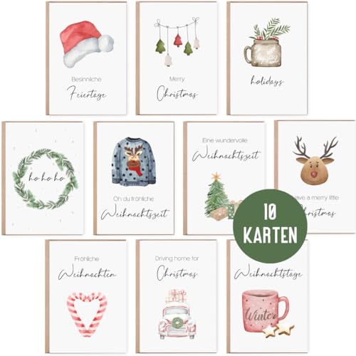 10 Weihnachtskarten | Grußkarten Weihnachten | Set 10 Klappkarten Frohe Weihnachten inklusive 10 Naturkuverts | Karten Weihnachten | Merry Christmas aquarell (Weihnachten) von Things of Happiness