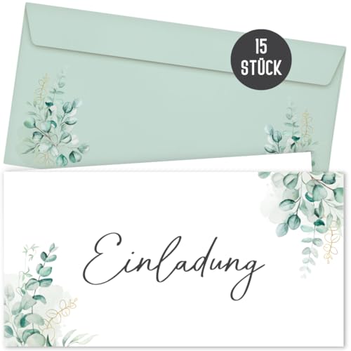 15 Einladungskarten inkl. Umschläge für Hochzeit, Standesamt, Geburtstag, Konfirmation, Kommunion, Jugendweihe, Taufe, Einladung | Klappkarte DIN lang (Eucalyptus 15 Stück) von Things of Happiness