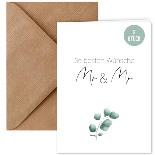 2 x Hochzeitskarte Mr & Mr Boho Stil – Glückwunschkarte zur Hochzeit Schwules Hochzeitspaar DIN A6 | Klappkarte mit Kuvert DIN C6 | Klappkarten LGBTQ Männliches Paar floral Eucalyptus (2 Stück) von Things of Happiness