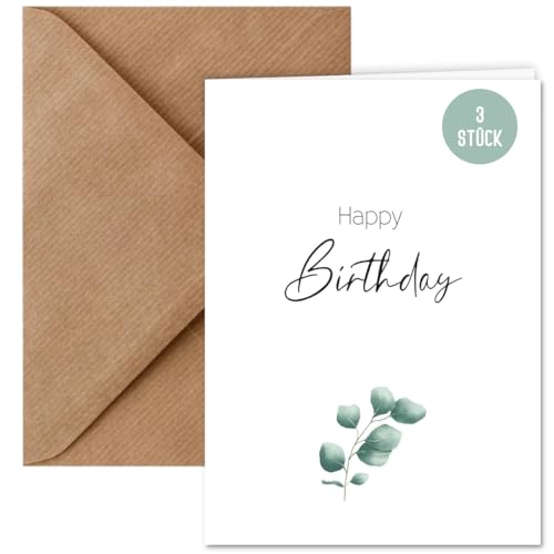 3x Geburtstagskarte inkl. Naturkuvert | Klappkarten zum Geburtstag Happy Birthday aus Naturpapier | Geburtstagskarte DIN A6 inklusive 3 Umschläge | Glückwunschkarte Eucalyptus (3 Stück) von Things of Happiness