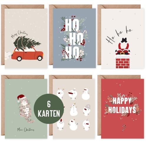 6 Weihnachtskarten | Grußkarten Weihnachten | Set 6 Klappkarten Frohe Weihnachten inklusive 6 Naturkuverts | Karten Weihnachten (Xmas) von Things of Happiness