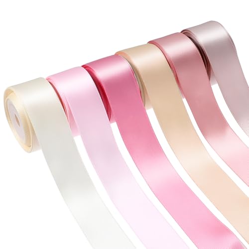 Thinp Pinkes Band, 2,5 cm rosa Satinband, hellrosa Band, Blush Pink, Dusty Rose, Schleifenband, 6 Farben, doppelseitiges Satinband für Blumenstrauß, Geschenkverpackung, Basteln, 6 Rollen, insgesamt von Thinp