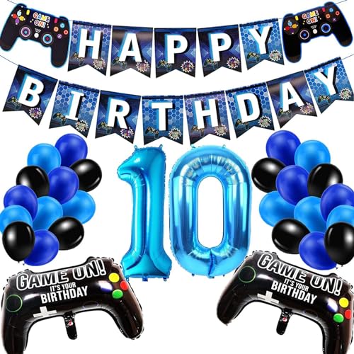 Thoquene Deko Geburtstag Junge, Geburtstagsdeko 10 Jahre, Happy Birthday Girlande Banner Ballons Blau Schwarz von Thoquene