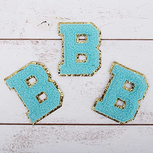 Chenille-Aufnäher zum Aufbügeln, Buchstabe "B", blauer Chenille-Stoff mit goldfarbenem Glitzer-Rand, zum Aufnähen oder Aufbügeln, 5,5 cm hoch, 3 Stück von Threadart