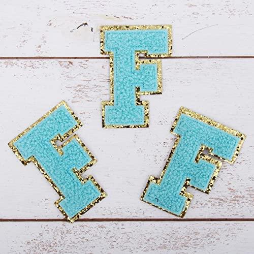 Chenille-Aufnäher zum Aufbügeln, Buchstaben "F", blauer Chenille-Stoff mit goldfarbenem Glitzer-Rand, zum Aufnähen oder Aufbügeln, 5,5 cm hoch, 3 Stück von Threadart