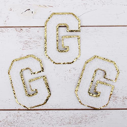 Chenille-Aufnäher zum Aufbügeln, Glitzer, Buchstabe "G", weißer Chenille-Stoff mit goldfarbenem Glitzer-Rand, zum Aufnähen oder Aufbügeln, 5,5 cm hoch, 3 Stück von Threadart