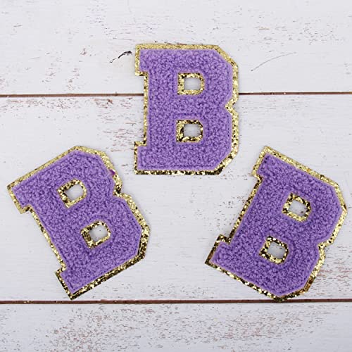 Chenille-Aufnäher zum Aufbügeln mit Glitzer-Buchstaben "B", Lavendel-Chenille-Stoff mit goldfarbenem Glitzer-Rand, zum Aufnähen oder Aufbügeln, 5,5 cm hoch, 3 Stück von Threadart