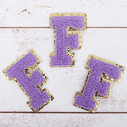 Chenille-Aufnäher zum Aufbügeln mit Glitzer-Buchstaben "F", Lavendel-Chenille-Stoff mit goldfarbenem Glitzer-Rand, zum Aufnähen oder Aufbügeln, 5,5 cm hoch, 3 Stück von Threadart