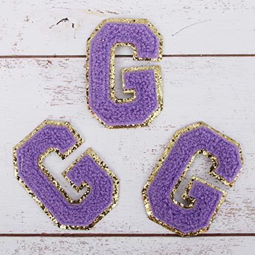 Chenille-Aufnäher zum Aufbügeln mit Glitzer-Buchstaben "G", Lavendel-Chenille-Stoff mit goldfarbenem Glitzer-Rand, zum Aufnähen oder Aufbügeln, 5,5 cm hoch, 3 Stück von Threadart