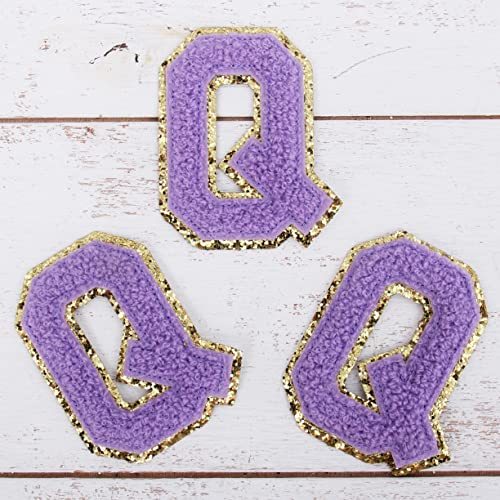 Chenille-Aufnäher zum Aufbügeln mit Glitzer-Buchstaben "Q", Lavendel-Chenille-Stoff mit goldfarbenem Glitzer-Rand, zum Aufnähen oder Aufbügeln, 5,5 cm hoch, 3 Stück von Threadart