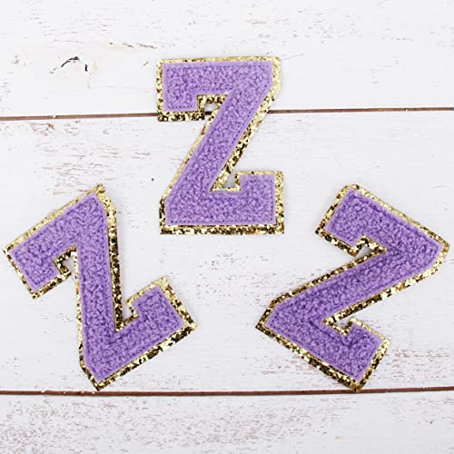 Chenille-Aufnäher zum Aufbügeln mit Glitzer-Buchstaben "Z", Lavendel-Chenille-Stoff mit goldfarbenem Glitzer-Rand, zum Aufnähen oder Aufbügeln, 5,5 cm hoch, 3 Stück von Threadart