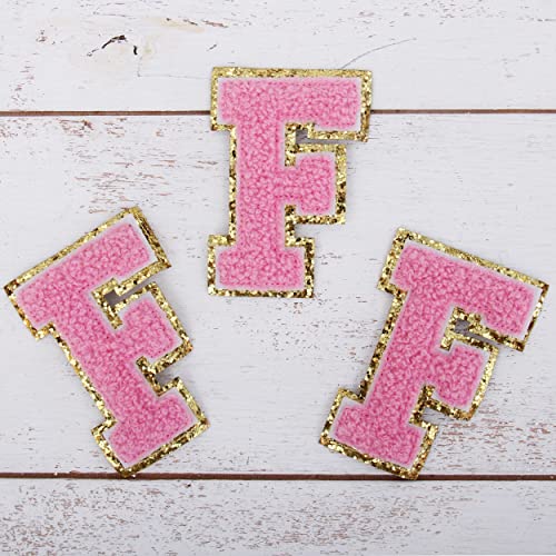 Chenille-Flicken zum Aufbügeln, Buchstabe "F", rosa Chenille-Stoff mit goldfarbenem Glitzerrand, zum Aufnähen oder Aufbügeln, 5,5 cm hoch, 3 Stück von Threadart