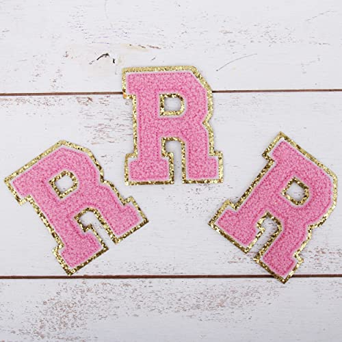 Chenille-Flicken zum Aufbügeln, Buchstabe "R", rosa Chenille-Stoff mit goldfarbenem Glitzerrand, zum Aufnähen oder Aufbügeln, 5,5 cm hoch, 3 Stück von Threadart