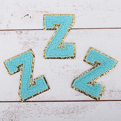 Chenille-Flicken zum Aufbügeln, Buchstabe "Z", blauer Chenille-Stoff mit goldfarbenem Glitzerrand, zum Aufnähen oder Aufbügeln, 5,5 cm hoch, 3 Stück von Threadart