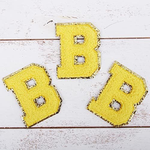 Chenille-Flicken zum Aufbügeln mit Buchstaben "B", gelber Chenille-Stoff mit goldfarbenem Glitzerrand, zum Aufnähen oder Aufbügeln, 5,5 cm hoch, 3 Stück von Threadart