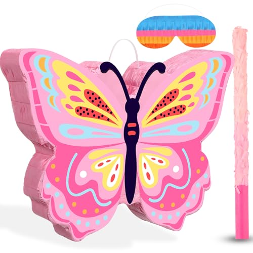 Threan Pinata Schmetterling Set Inklusive Pinjater für Mädchen Rosa Schläger und Augenbinde für Geburtstag Party Zubehör Deko von Threan