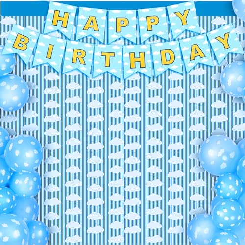 Threan 16 Stück Blauer Himmel Weiße Wolke Geburtstag Party Supplies 2 m Wolken Lametta Folie Fransenvorhänge Happy Birthday Banner Blau Wolke Latex Ballons für Babyparty Geburtstag Foto Requisiten von Threan