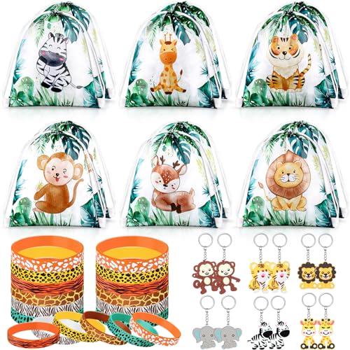 Threan 36 Dschungel Safari Partygeschenke Set 12 Wilde Tiere Party Rucksäcke mit Kordelzug Dschungel Party Geschenktüten 12 Tiere Silikonarmband 12 Dschungel Acryl Schlüsselring für Den Kinder Zoo von Threan