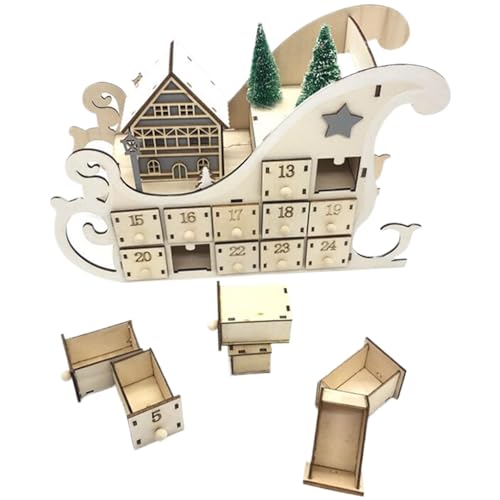 Adventskalender aus Holz, Weihnachtskalender vorne in Form eines Holzschlittens, Weihnachtskalender mit Weihnachtsbaum und 24 leeren Schubladen, umgekehrter Weihnachtskalender für Zuhause von Threegoat