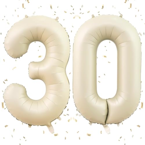 Zahlen Luftballons Geburtstag 30 Beige,XXL Sand Weiß Folienballon Nummer 30,40Zoll Creme Helium Zahlenballon,Luftballon 30. Geburtstag für Männer Frauen Geburtstags Jubiläum Party Deko von Threegoat