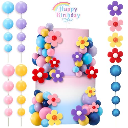 Threehoney Tortenaufsatz-Set "Happy Birthday", 63 Stück, Kuchendekorationen, Kugeln, Kuchenaufsatz, Pastell, Schaumstoffkugeln, bunte Gänseblümchen, Kuchenspieße, Einsatzaufsätze für Geburtstagsparty, von Threehoney