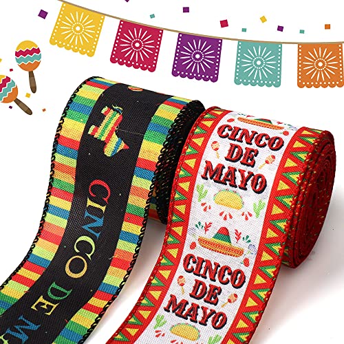 Threetols 2 Rollen 9.1 m mexikanisches Serape-Band, mit Drahtrand, 6.3 cm Cinco de Mayo Juteband, Regenbogenstreifen, Fiesta-Maracas, Kränze, Schleifendekoration von Threetols